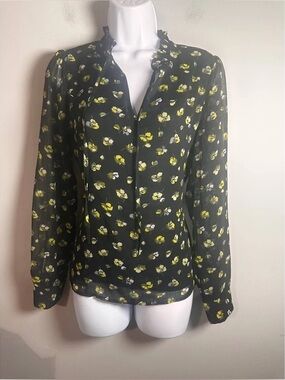 Banana Republic | Black Sheer Long-Sleeve Blouse with Yellow & White Florals